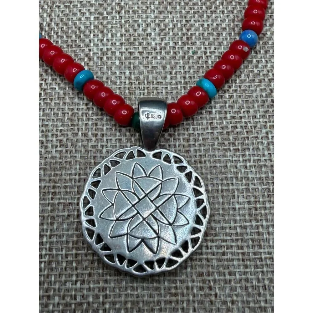 Sterling Silver Mosaic Pendant Necklace on Red Beaded Strand – Boho Artisan Styl